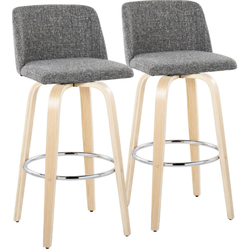 Toriano 30" Swivel Bar Stool in Natural Wood & Grey Noise Fabric with Chrome Footrest (Set of 2)